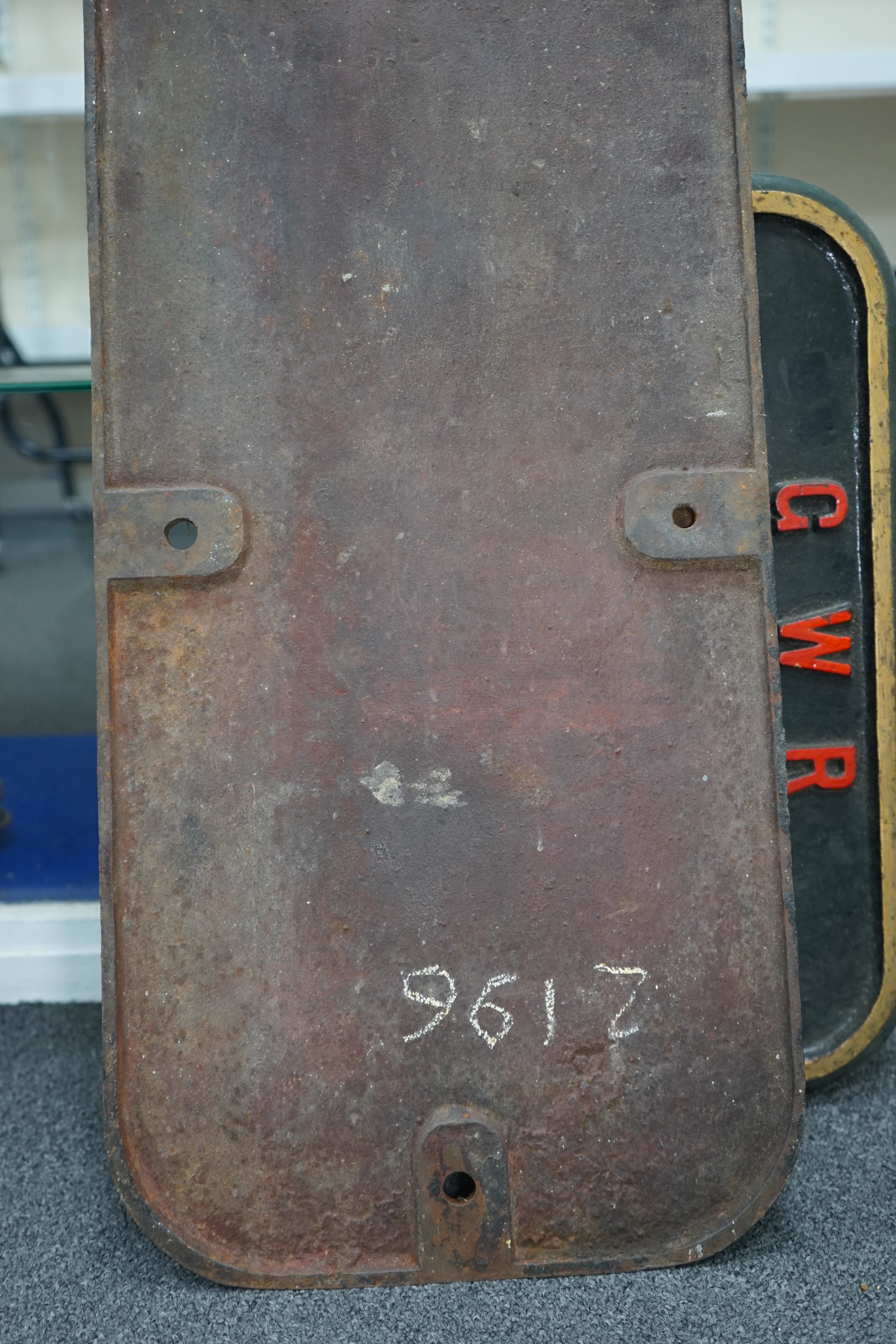 A cast iron GWR locomotive cab side number plate for an 0-6-0ST locomotive, ‘Gwendraeth’ 2196, built in 1906 by the Avonside Engine Company for the Burry Port and Gwendraeth Valley Railway, withdrawn by BR in 1956, dimen